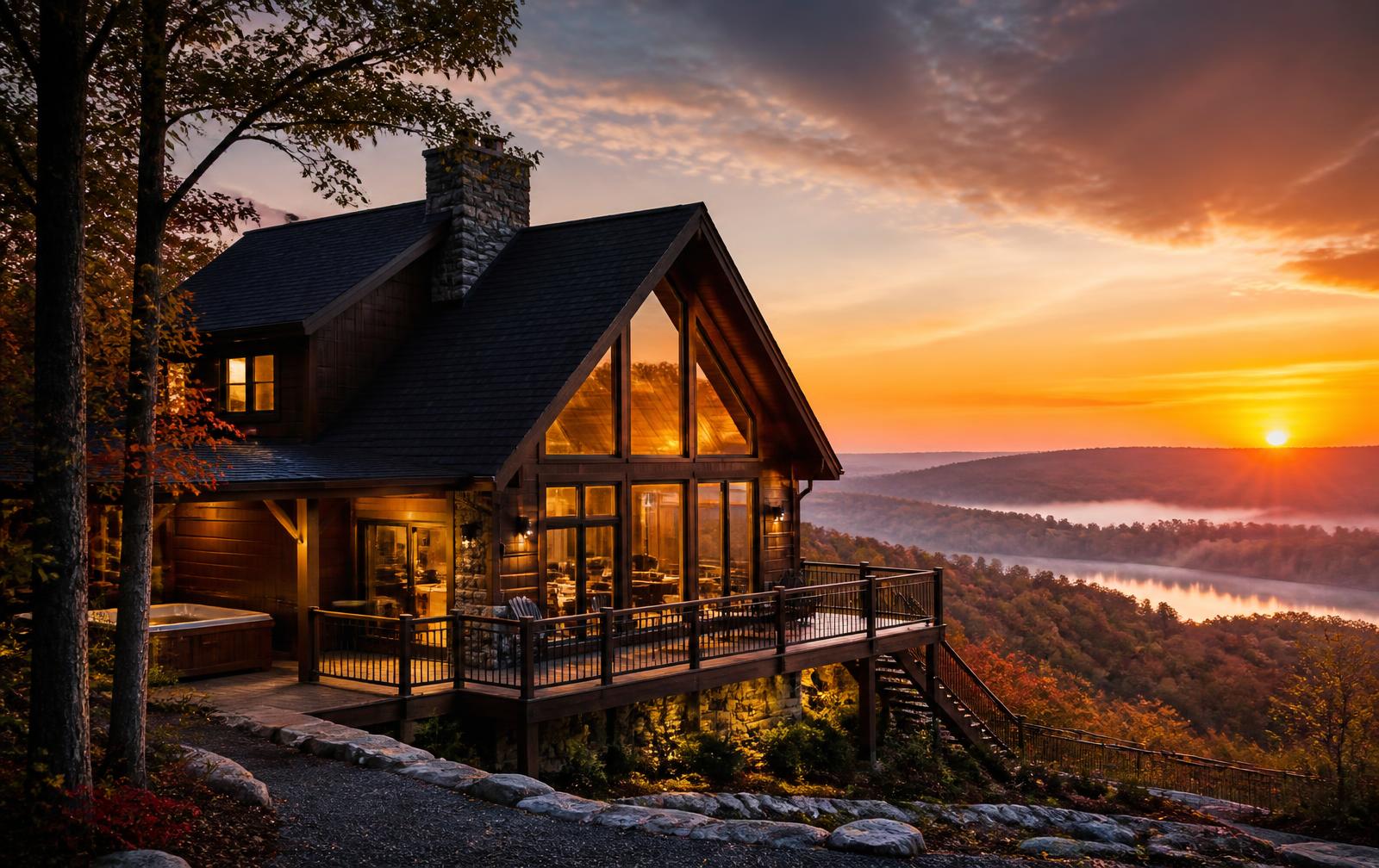 Luxury Pocono Mountains cabin short-term rental at sunset